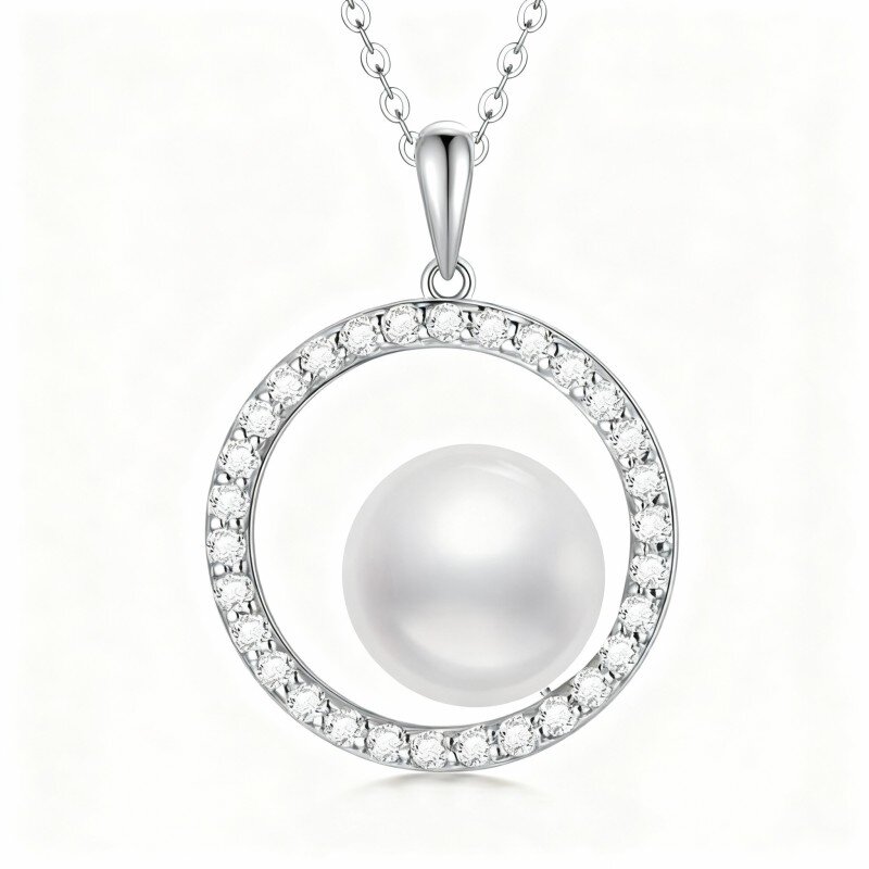 9K White Gold Moissanite & Pearl Circle Pendant Necklace-2