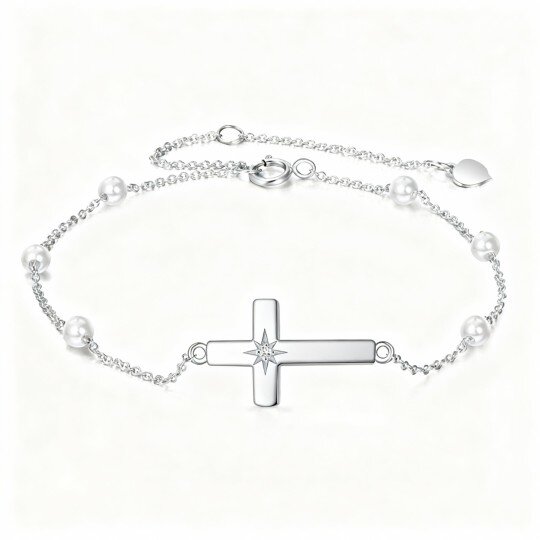 Bracciale con ciondolo a croce in oro bianco 10 carati con moissanite e perle