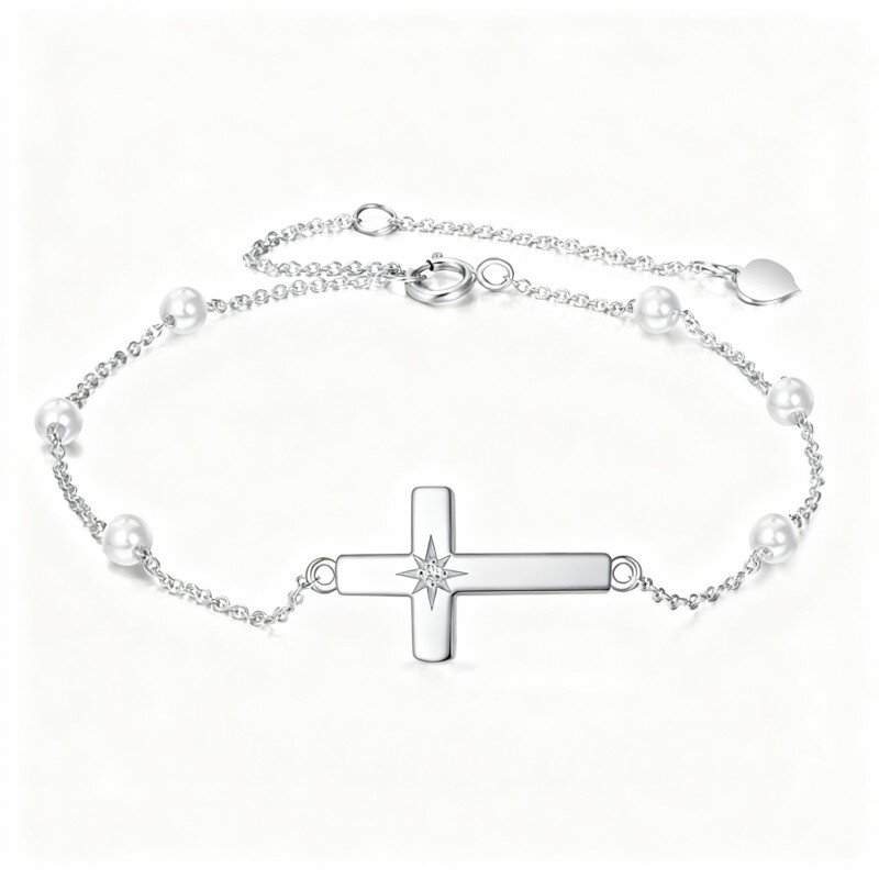 Bracciale con ciondolo a croce in oro bianco 10 carati con moissanite e perle-7