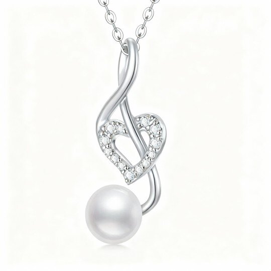 10K White Gold Moissanite & Pearl Heart & Music Symbol Pendant Necklace