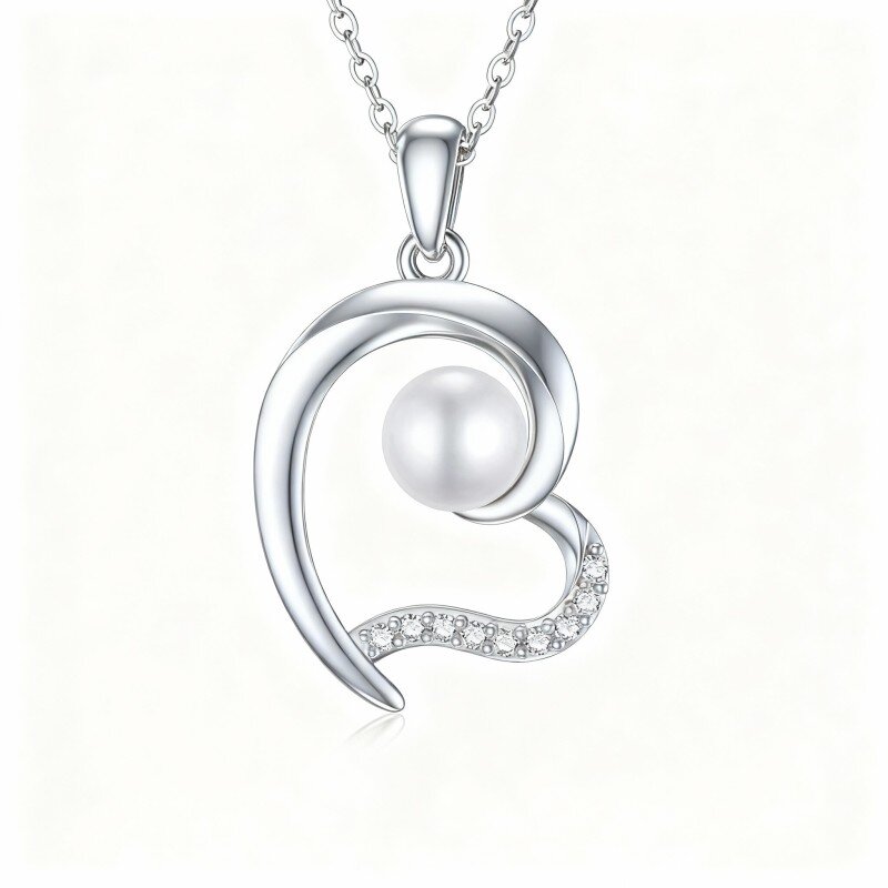 10K White Gold Moissanite & Pearl Heart Pendant Necklace-4