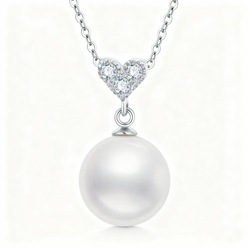 10K White Gold Moissanite & Pearl Heart Pendant Necklace-3