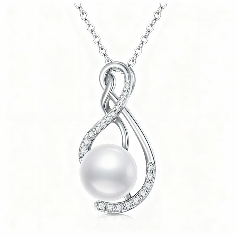 10K White Gold Moissanite & Pearl Infinity Symbol Pendant Necklace-6