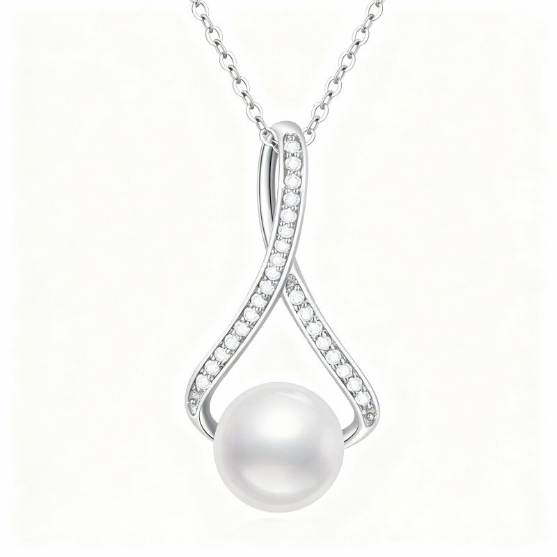 10K White Gold Moissanite & Pearl Infinity Symbol Pendant Necklace-8