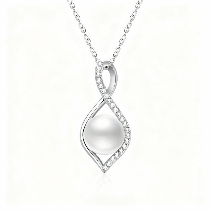 10K White Gold Moissanite & Pearl Infinity Symbol Pendant Necklace-5