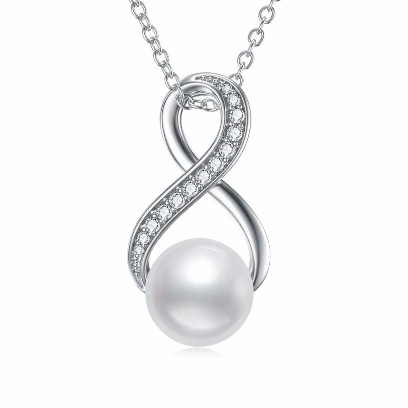 Collier pendentif symbole infini en or blanc 10 carats, moissanite et perle-15