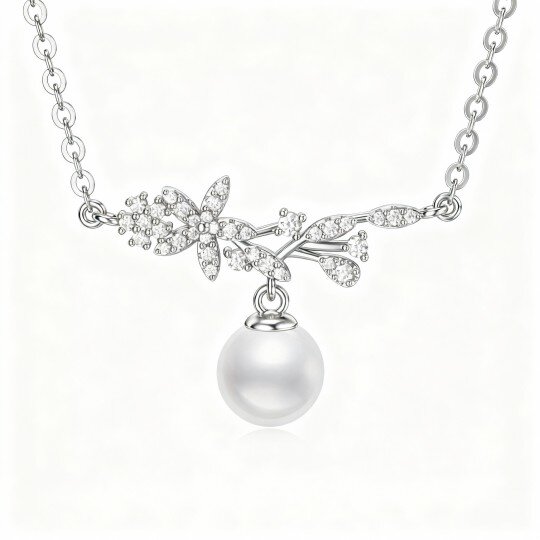 Halskette mit Blätteranhänger aus 10-karätigem Weißgold mit Moissanit und Perle