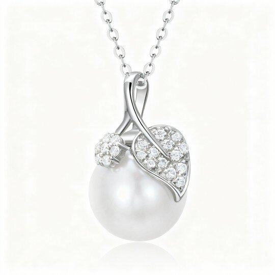 Halskette mit Blätteranhänger aus 10-karätigem Weißgold mit Moissanit und Perle