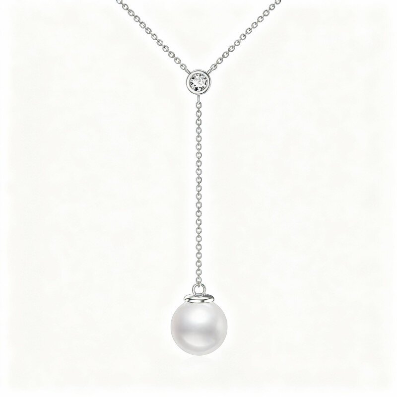 Colar em Y fixo com moissanita e pérola em ouro branco 10K-1