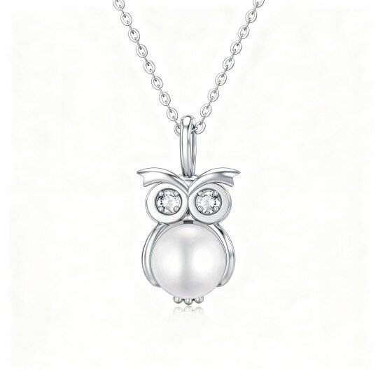 10K White Gold Moissanite & Pearl Owl Pendant Necklace