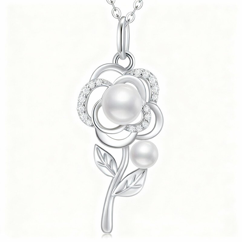 10K White Gold Moissanite & Pearl Rose Pendant Necklace-15