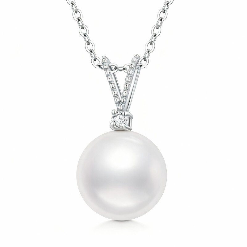 Collana con pendente rotondo in oro bianco 10K con moissanite e perla-8