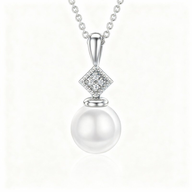 10K White Gold Moissanite & Pearl Round Pendant Necklace-19