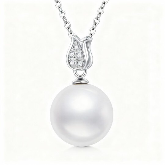 Colar com pendente redondo de moissanita e pérola em ouro branco 10K