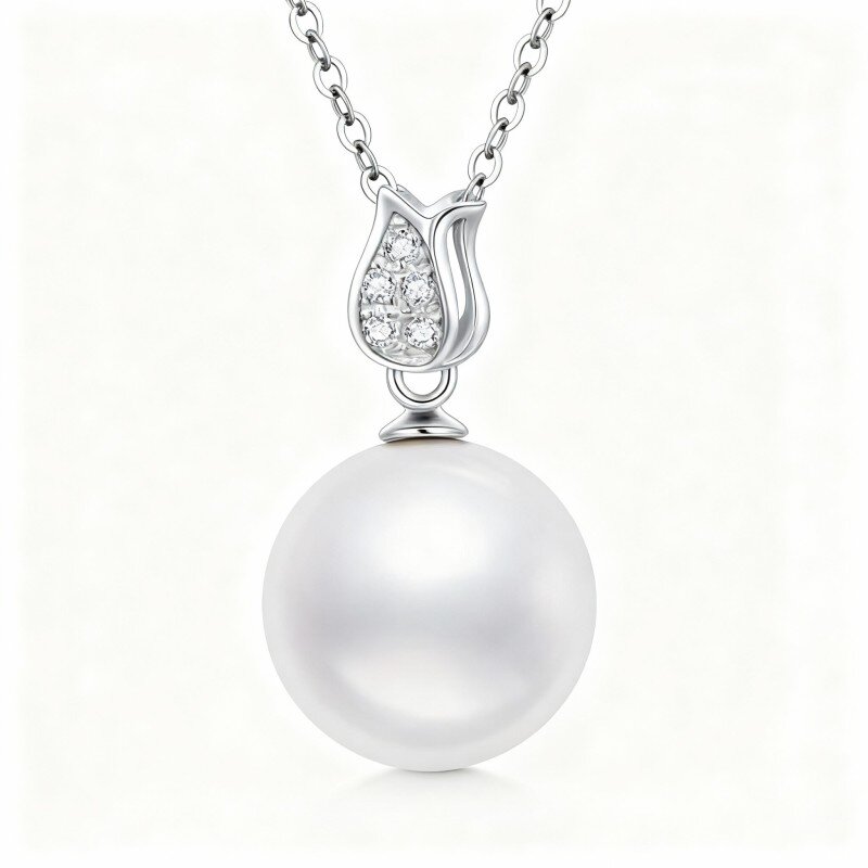 Collana con pendente rotondo in oro bianco 10K con moissanite e perla-7