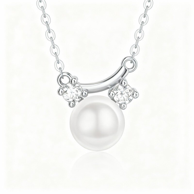 10K White Gold Moissanite & Pearl Round Pendant Necklace-17