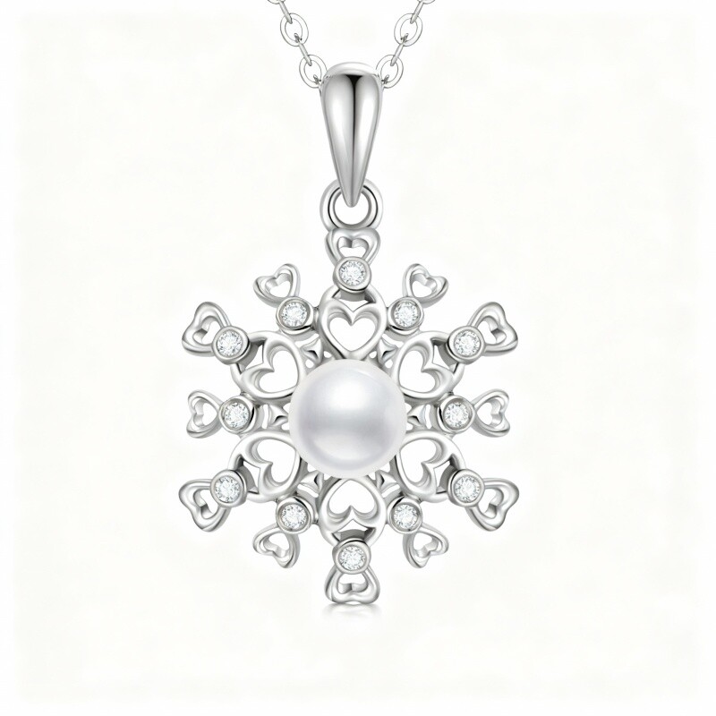 10K White Gold Moissanite & Pearl Snowflake Pendant Necklace-6