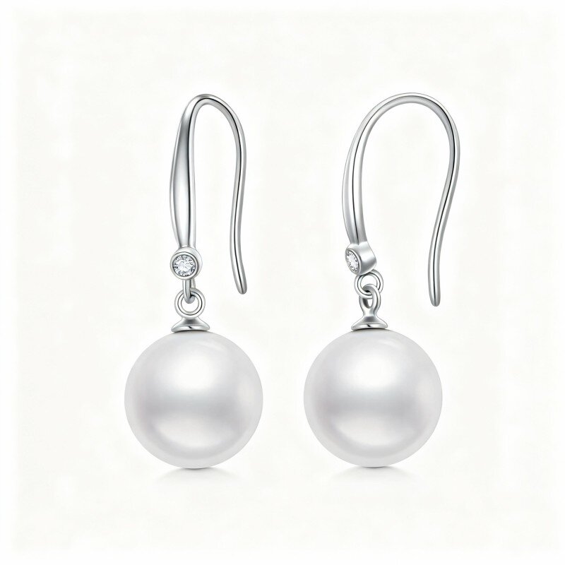 10K White Gold Moissanite & Pearl Spherical Drop Earrings-2