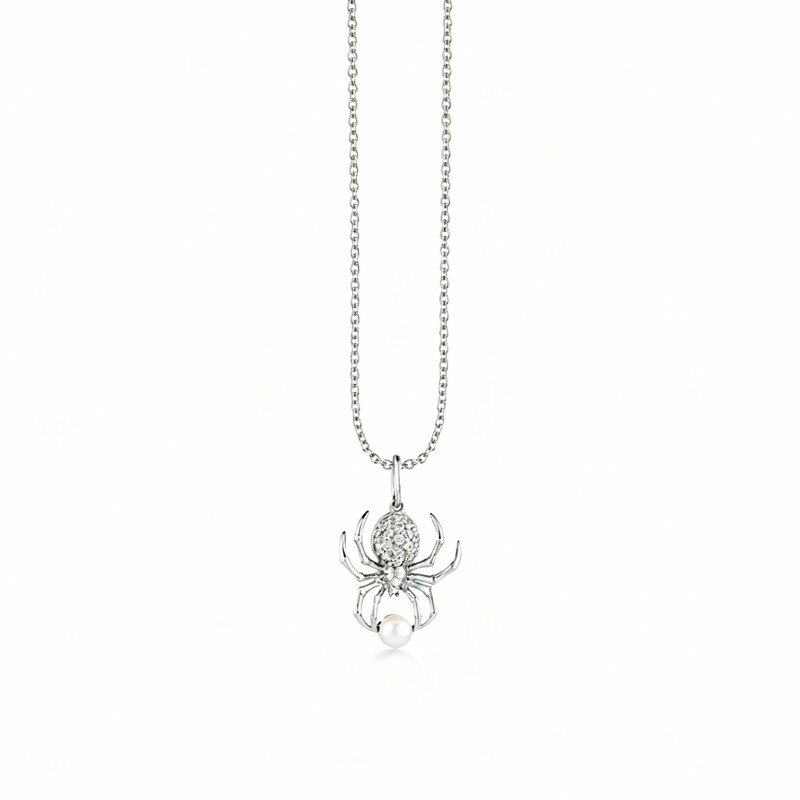 Colar com pendente de aranha em ouro branco 18K, moissanita e pérola-1