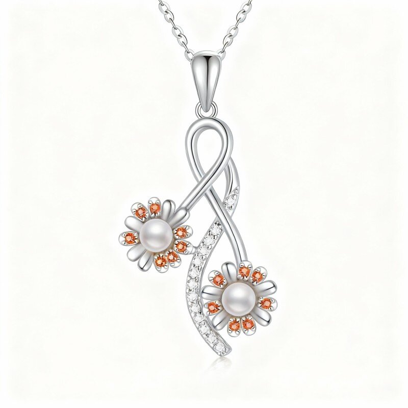 10K White Gold Moissanite & Pearl Sunflower Pendant Necklace-17