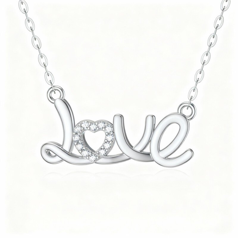 Naszyjnik z wisiorkiem z białego złota 14K z moissanitem i grawerowanym słowem-1