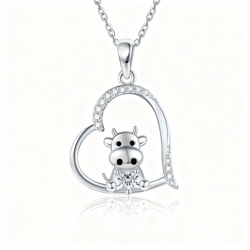10K White Gold Cubic Zirconia & Moissanite & Personalized Birthstone Cow & Heart Pendant Necklace-1