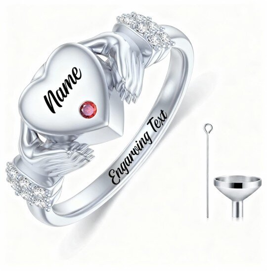 Anel para homem em ouro branco de 18 quilates com moissanita, pedra de nascimento personalizada, gravação personalizada, design Claddagh e urna em forma de coração para cinzas.