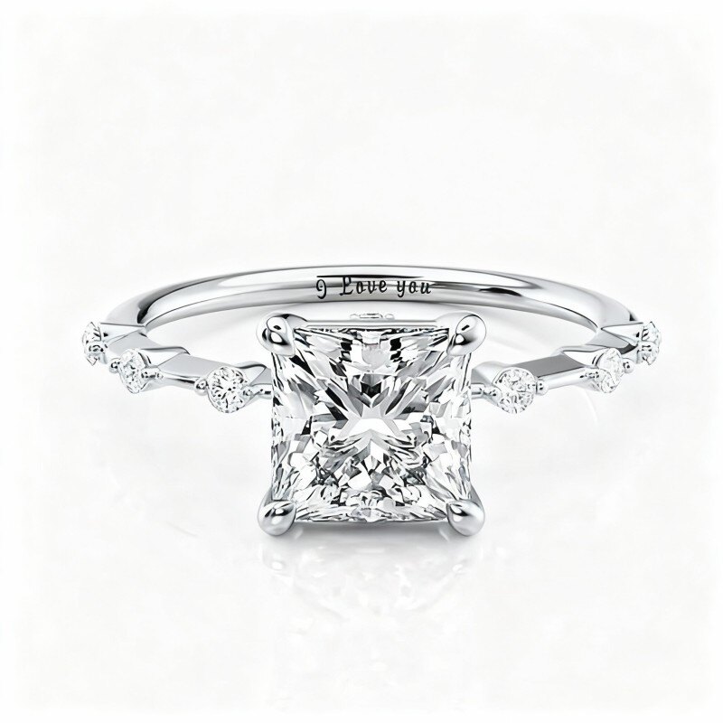 Anillo de compromiso con grabado personalizado en oro blanco de 10 quilates y moissanita-11