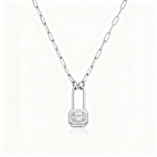 10K White Gold Moissanite Personalized Engraving & Lock Pendant Necklace