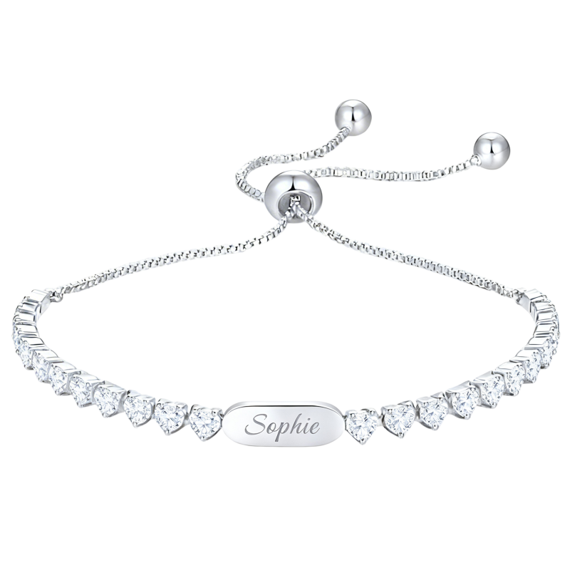 Pulsera de tenis de platino con moissanita chapada en oro blanco y grabado personalizado-14