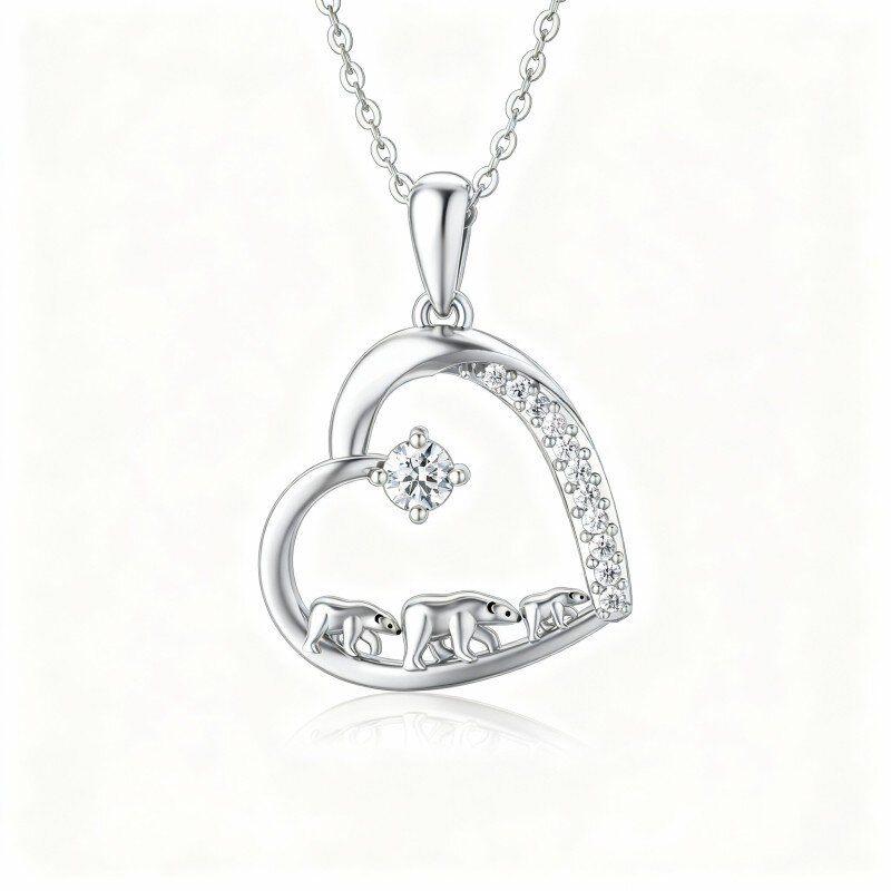 Colar com pendente de urso polar e coração em moissanita em ouro branco 10K-11