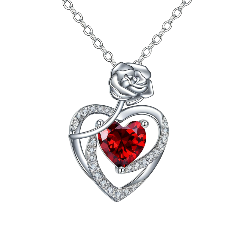 Collar con colgante de rosa y corazón de moissanita en oro blanco de 10 quilates-1