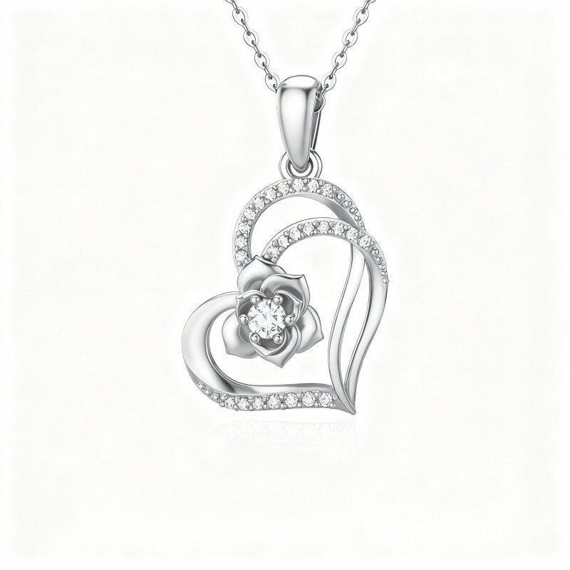 10K White Gold Moissanite Rose Pendant Necklace-7