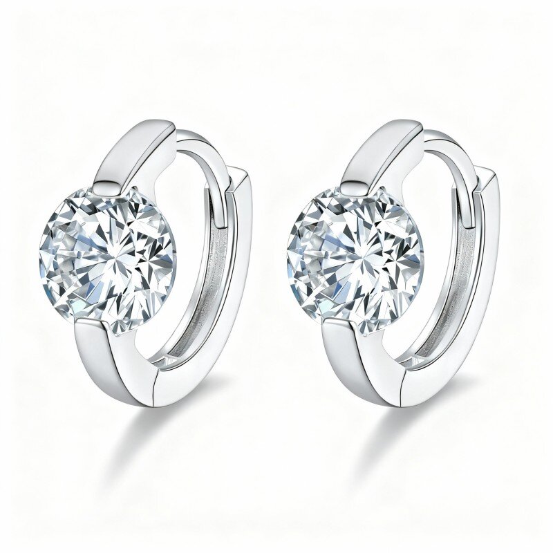 Brincos de argola redondos em ouro branco 10K com moissanita-10