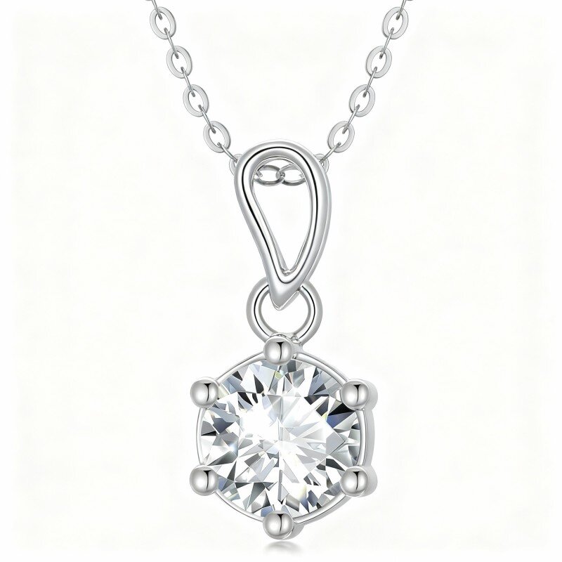 Collana con pendente rotondo in moissanite in oro bianco 10K-4