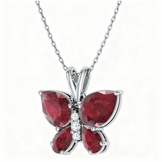 Colar com pendente de borboleta, mãe e irmãs em ouro branco 10K, moissanita e rubi