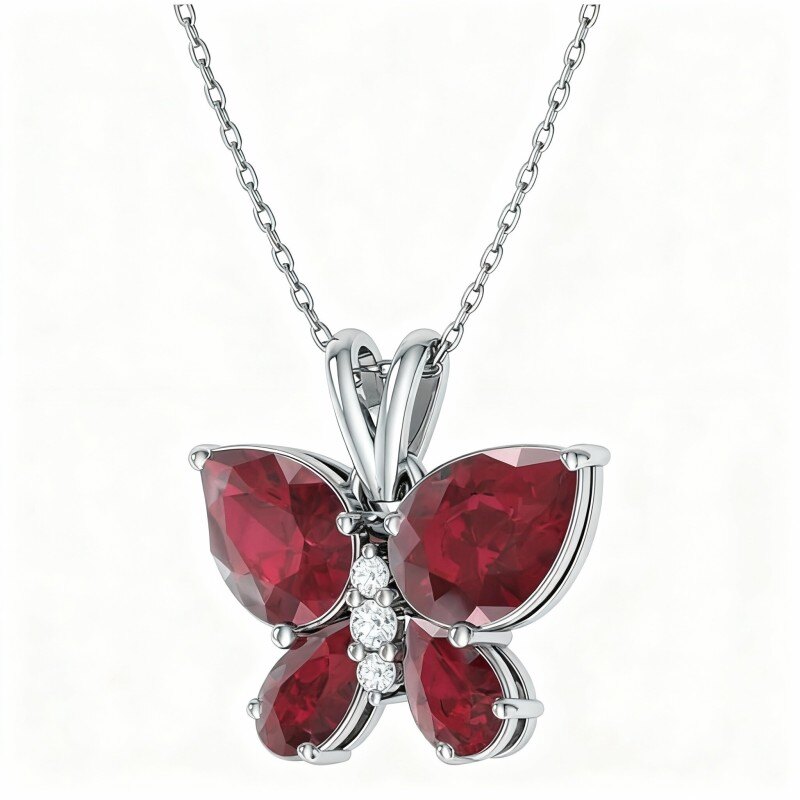Colar com pendente de borboleta, mãe e irmãs em ouro branco 10K, moissanita e rubi-9