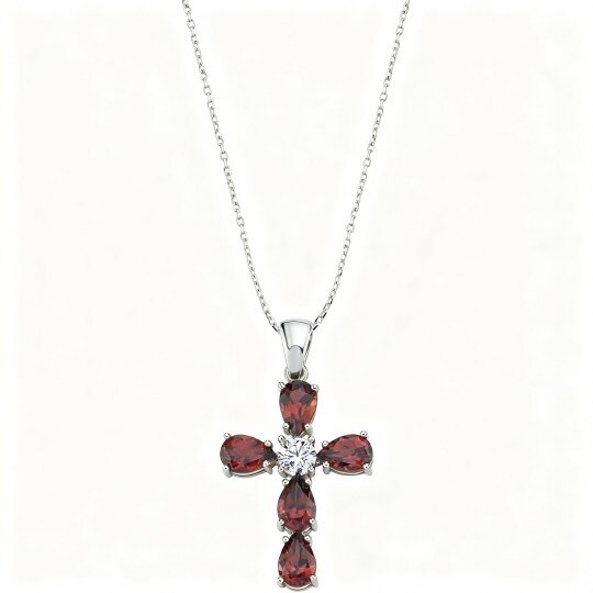 Colar com pendente de cruz em ouro branco 10K, moissanita e rubi