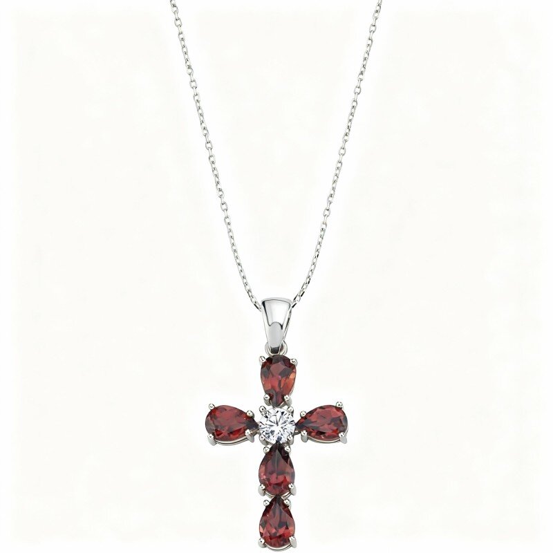 Colar com pendente de cruz em ouro branco 10K, moissanita e rubi-1