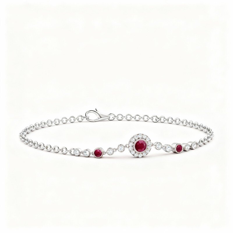 14K White Gold Moissanite & Ruby Grandmother & Mother & Sisters & Round Charm Bracelet-1