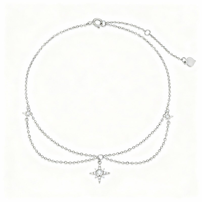 10K White Gold Cubic Zirconia & Moissanite Star Multi-layered Charm Anklet-17