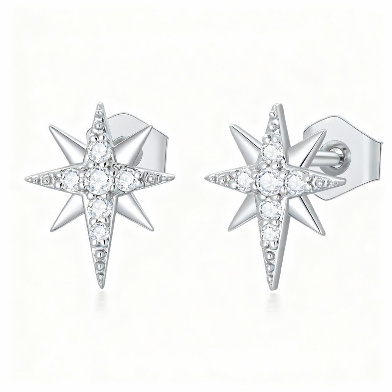 Brincos estrela em ouro branco 10K com moissanita-9