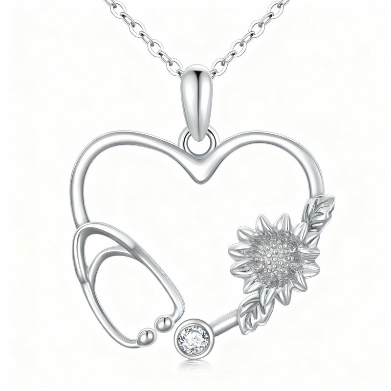 10K White Gold Moissanite Sunflower & Heart & Stethoscope Pendant Necklace-4