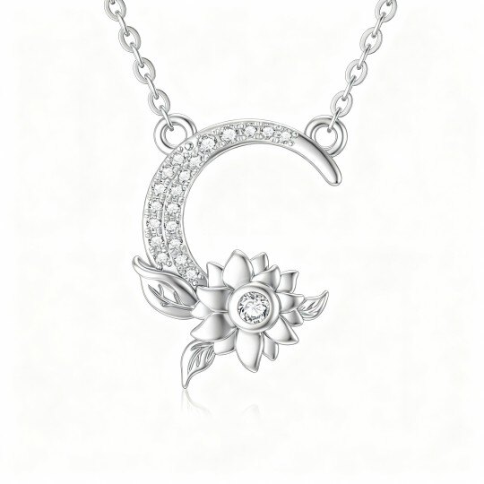 10Kホワイトゴールド モアッサナイト サンフラワー＆ムーン ペンダントネックレス