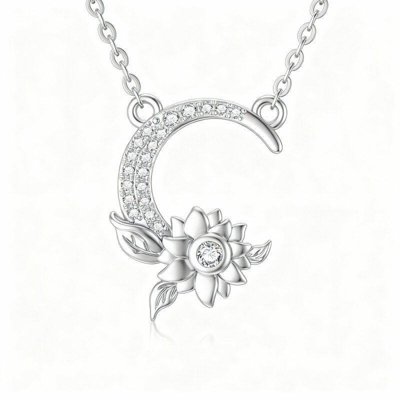 Colar com pendente girassol e lua em moissanita em ouro branco 10K-20