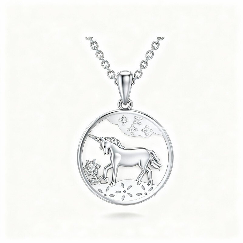 10K White Gold Moissanite Sunflower & Unicorn Pendant Necklace-8
