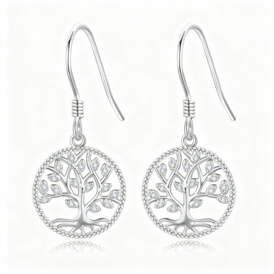10K White Gold Moissanite Tree Of Life Drop Earrings