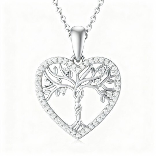 Collier pendentif Arbre de Vie et Cœur en or blanc 10 carats et moissanite
