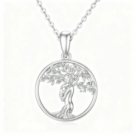 Colar com pendente Árvore da Vida e Mãe e Filha em ouro branco 10K com moissanita