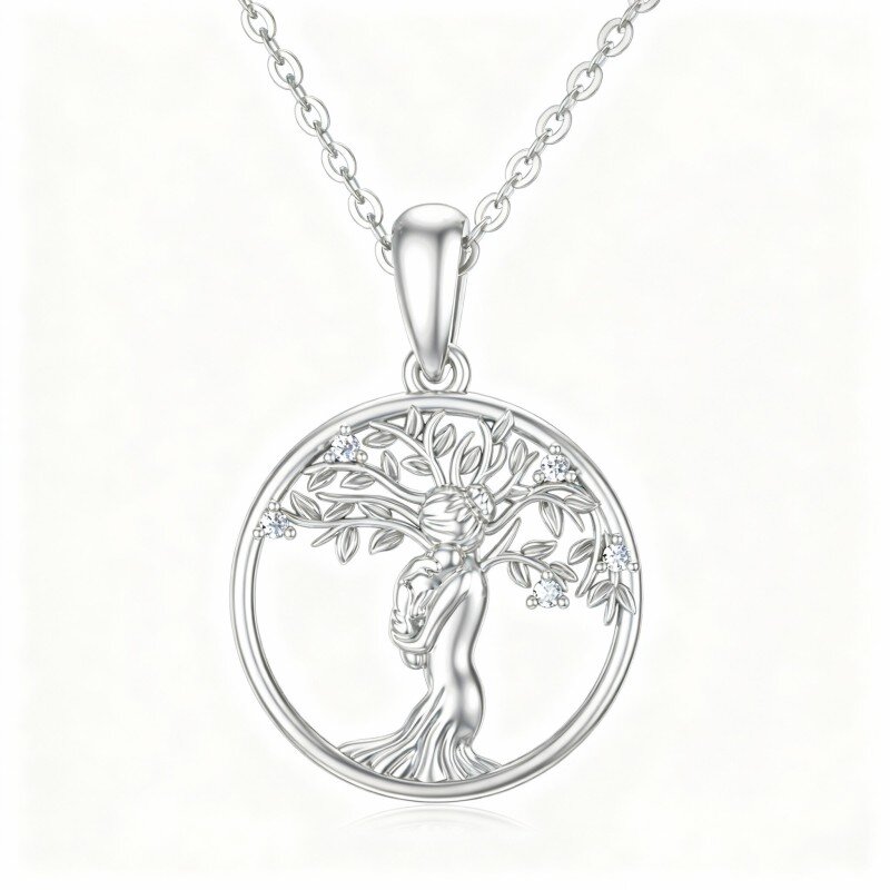 Colar com pendente Árvore da Vida e Mãe e Filha em ouro branco 10K com moissanita-5